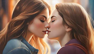 Two young woman kiss tenderly