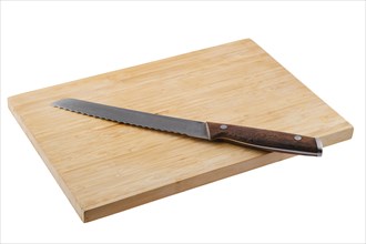Bread knife on wooden cutting board isolated on white background