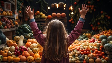 Back view of a small child reaching up toward a bountiful display of food piled high at a market with a variety of fresh fruits and an abundant selection of colorful vegetables. generative AI