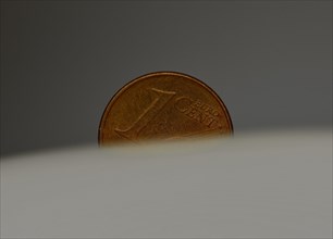 A 1 cent coin as a macro shot in the slot of a piggy bank
