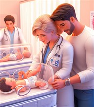 Illustration depicting couple at the hospital neonatology paediatrics take care of newborn
