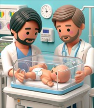 Illustration depicting medical staff people at the hospital take care of newborn baby ai generated