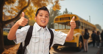 Excited young hispanic boy wearing a backpack giving two thumbs up on campus near a school bus