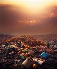 Big landfill with thrown food waste in the dark sunset light. Global hunger issue concept