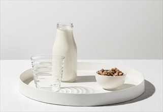 Front view tray with milk bottle walnuts