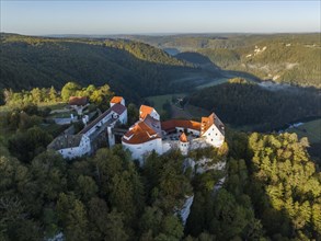 Aerial view of Wildenstein Castle near Leibertingen in the morning sun