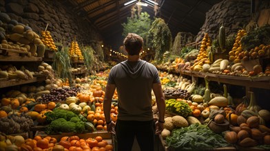 Back view of a young adult man standing amid A towering bountiful display of fresh produce. generative AI