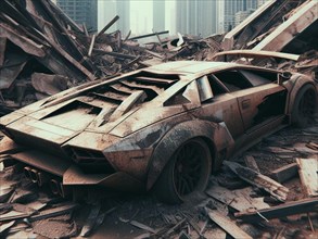 Crashed abandoned rusty expensive atmospheric car as circulation banned for co2 emission 2030 agenda dystopian concept ai generated