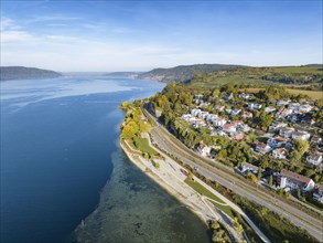 Aerial view of Lake Ueberlingen and the lakeside park in the western part of the town of Ueberlingen on Lake Constance