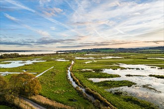Wetlands and Marshes in RSPB Exminster and Powderham Marshe from a drone