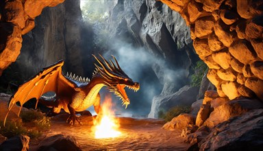 A fire-breathing dragon sits in a cave