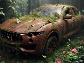 Abandoned rusty expensive atmospheric 4x4 suvas circulation banned for co2 emission 2030 agenda