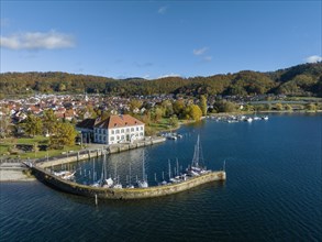 Aerial view of Lake Constance with the municipality of Bodman-Ludwigshafen with the marina and old customs house