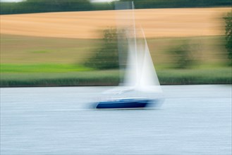 A blue sailing boat with a white sail is sailing across the water of the Schlei