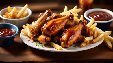 Chicken wings with fries and barbecue sauce
