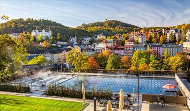 Outdoor terrace of the thermal spa with panoramic view of the city in autumn