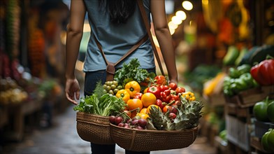 Young adult woman walking the bountiful farmers market with carrying her basket overflowing with vegetables. generative AI