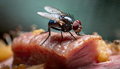 A housefly sits on a piece of meat