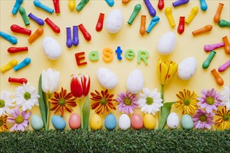 Bright composition easter eggs flowers