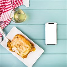 High angle view delicious food smartphone table