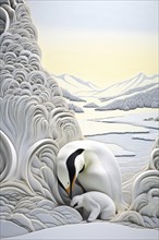 Emperor penguin with chick in a snowy environment