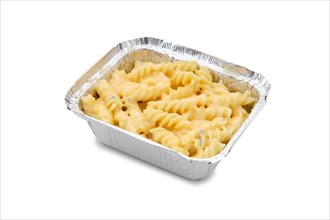 Classic mac and cheese in foil container isolated on white background