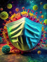 Microworld conceptual scene of virus cells wearing protective mask as concept of germs mutations and evolution for adapting protection to modern medicine