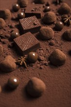 Close up chocolate waffles truffles cocoa powder