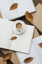 Creative arrangement with different books cup cofee