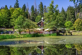 Schwellteich pond with the historic Trifterklause Schwellhaeusl inn in the Bavarian Forest National Park
