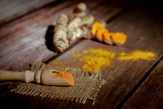 Wooden spoon with turmeric powder background fresh turmeric root out of focus