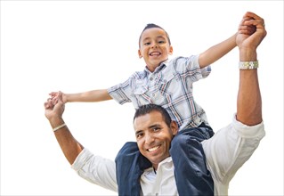 Happy young hispanic boy having fun piggyback on his dads shoulders isolated on white