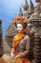 Gorgeous Cambodian young woman wearing traditional dress sitting in front of traditional sculpture