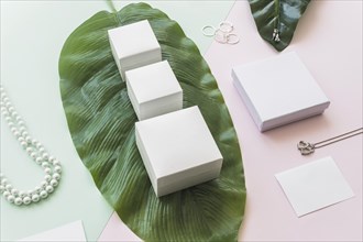 Jewelry with white boxes green leaf paper backdrop