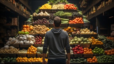 Young adult man standing amid A towering bountiful display of fresh produce. generative AI