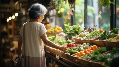 Senior adult chinese woman enjoying the farmers market with bountiful produce. generative AI