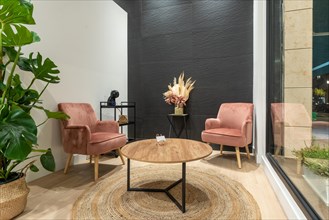 Interior of the waiting room of a modern beauty salon with comfortable chairs and a table