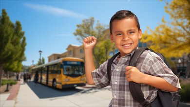 Excited young hispanic boy wearing a backpack near a school bus on campus