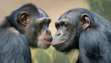 Two chimpanzees touch each other tenderly