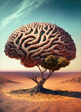 A brain tree in the middle of a desert land. Surreal scene on human mind concept