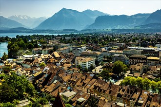 Aerial View over City of Thun and Lake with Mountain in a Sunny Day in Bernese Oberland