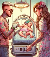 IIllustration depicting couple of lesbian gay persons at the hospital neonatology paediatrics take care of newborn