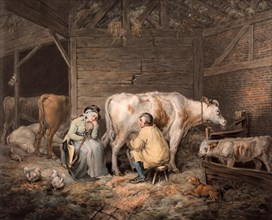 The cowshed. Farmer milking a cow