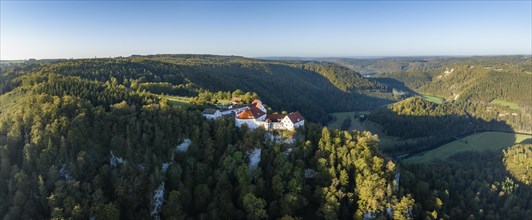 Aerial panorama of Wildenstein Castle near Leibertingen in the morning sun