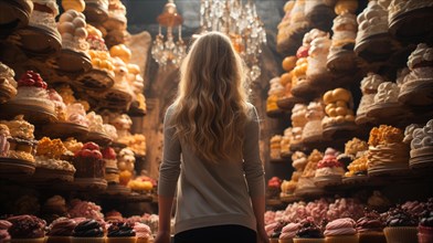 Young adult woman standing amid towering shelves of delicious pastries cakes and baked goods. generative AI