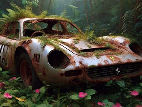 Abandoned rusty expensive atmospheric super car as circulation banned for co2 emission 2030 agenda