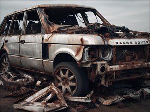 Crashed abandoned rusty expensive atmospheric suv as circulation banned for co2 emission 2030 agenda dystopian concept ai generated