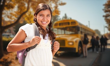 Happy young hispanic girl wearing a backpack near a school bus on campus