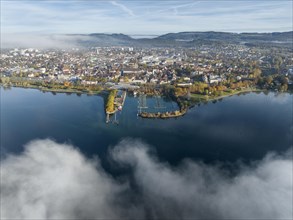 Aerial view of the town of Radolfzell on Lake Constance with autumn vegetation and drifting fog over the lake