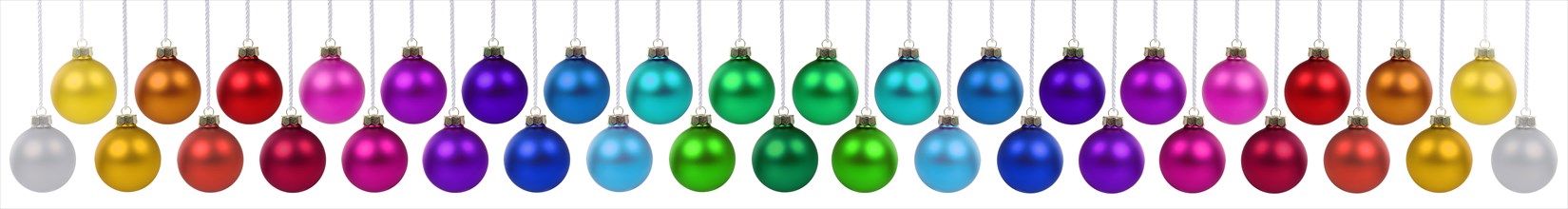 Christmas many Christmas baubles banner Christmas baubles in bright colours decoration hanging cropped isolated in Stuttgart